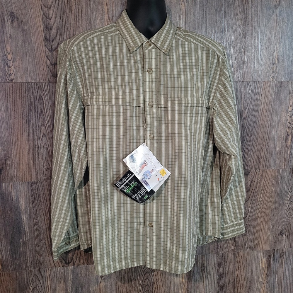 EXOFFICIO Buzz Off Insect Shield Shirt Sz L Khaki Plaid Outdoors Hiking Fishing
